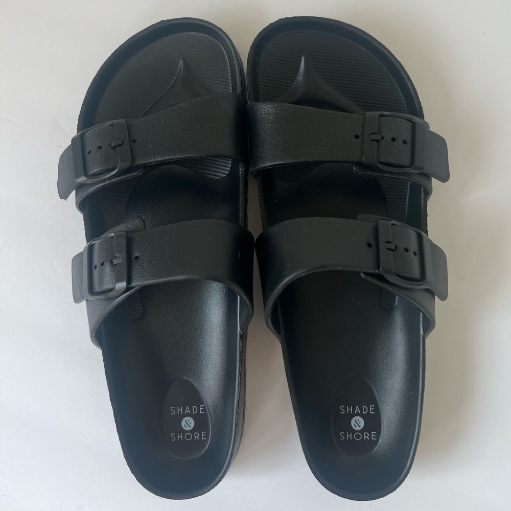Shade & Shore Size 9 Double Strap EVA Neida Slip On Slide  Sandals Solid Black